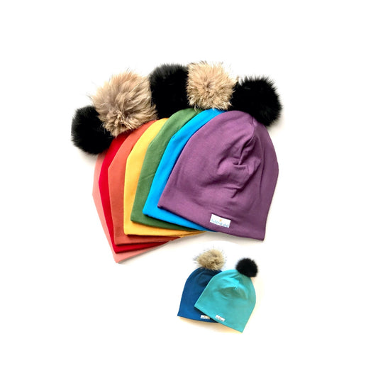 Colorful Winter Bamboo Hat + recycled fur pompom