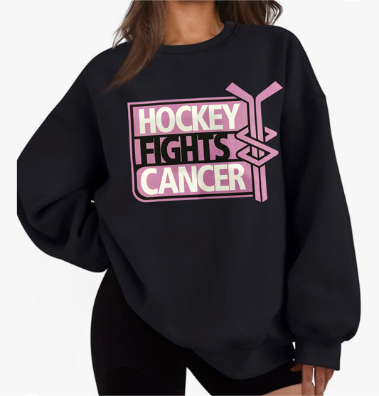 All sizes Black Crewneck Hockey fights Cancer