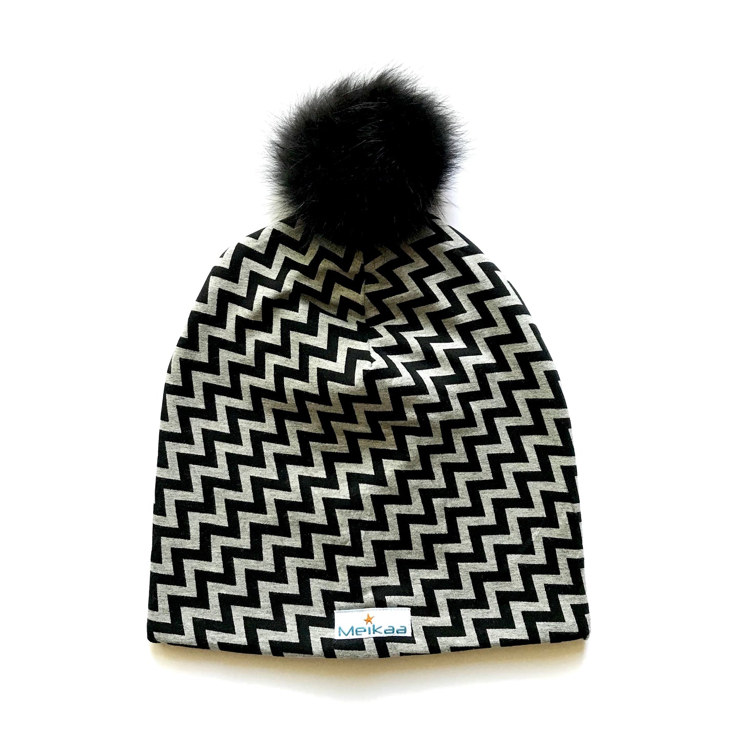 All Grey Pattern Winter Bamboo Hat + recycled fur pompom