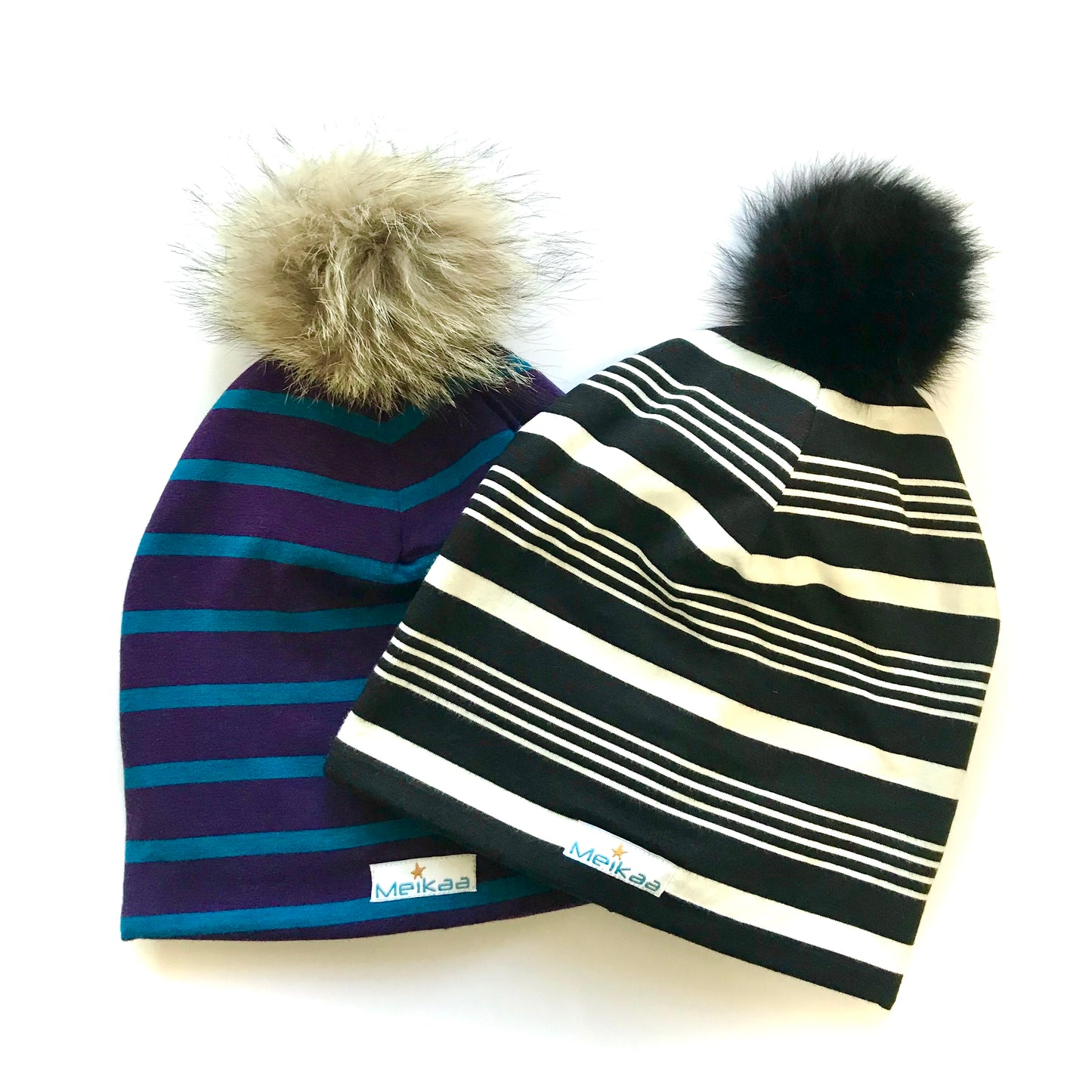 Stripes Winter Bamboo Hat + recycled fur pompom