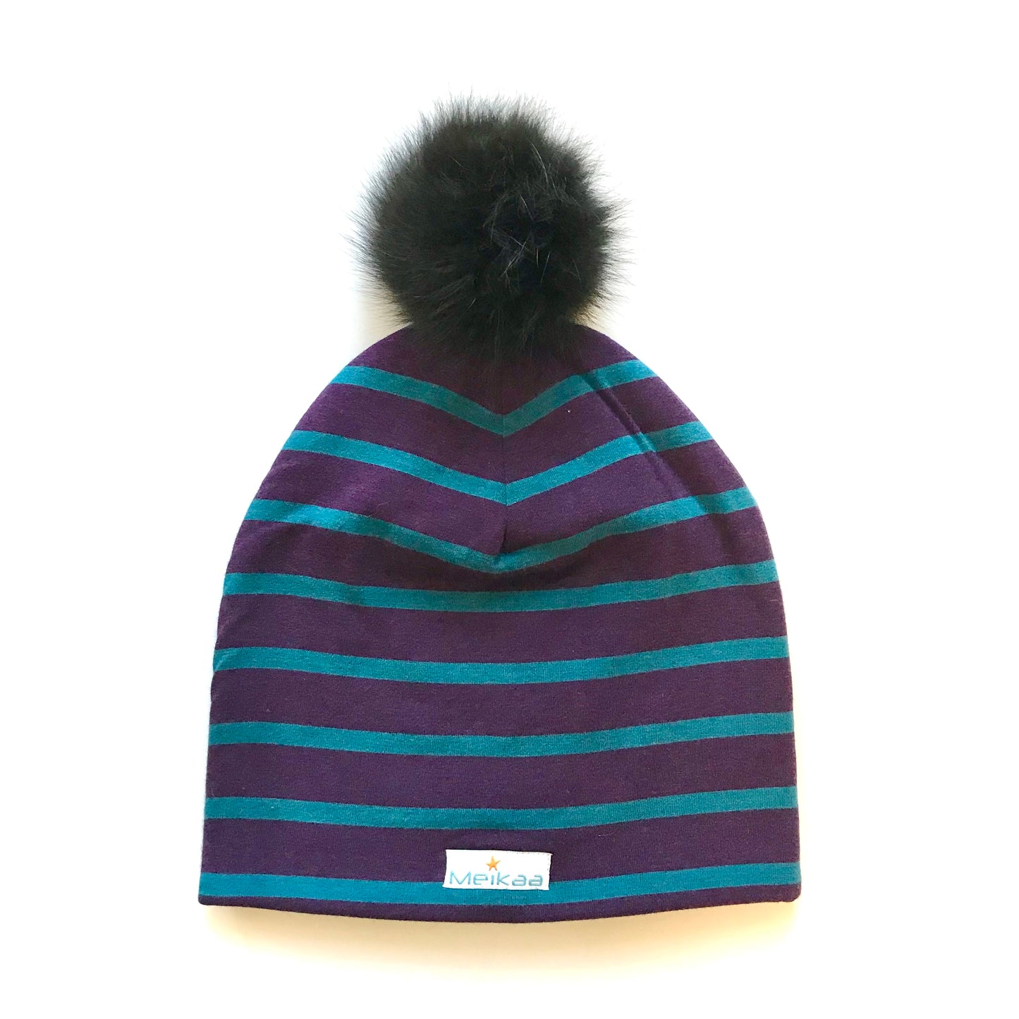 Stripes Winter Bamboo Hat + recycled fur pompom
