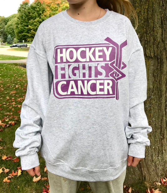 All sizes Light Grey Crewneck Hockey fights Cancer