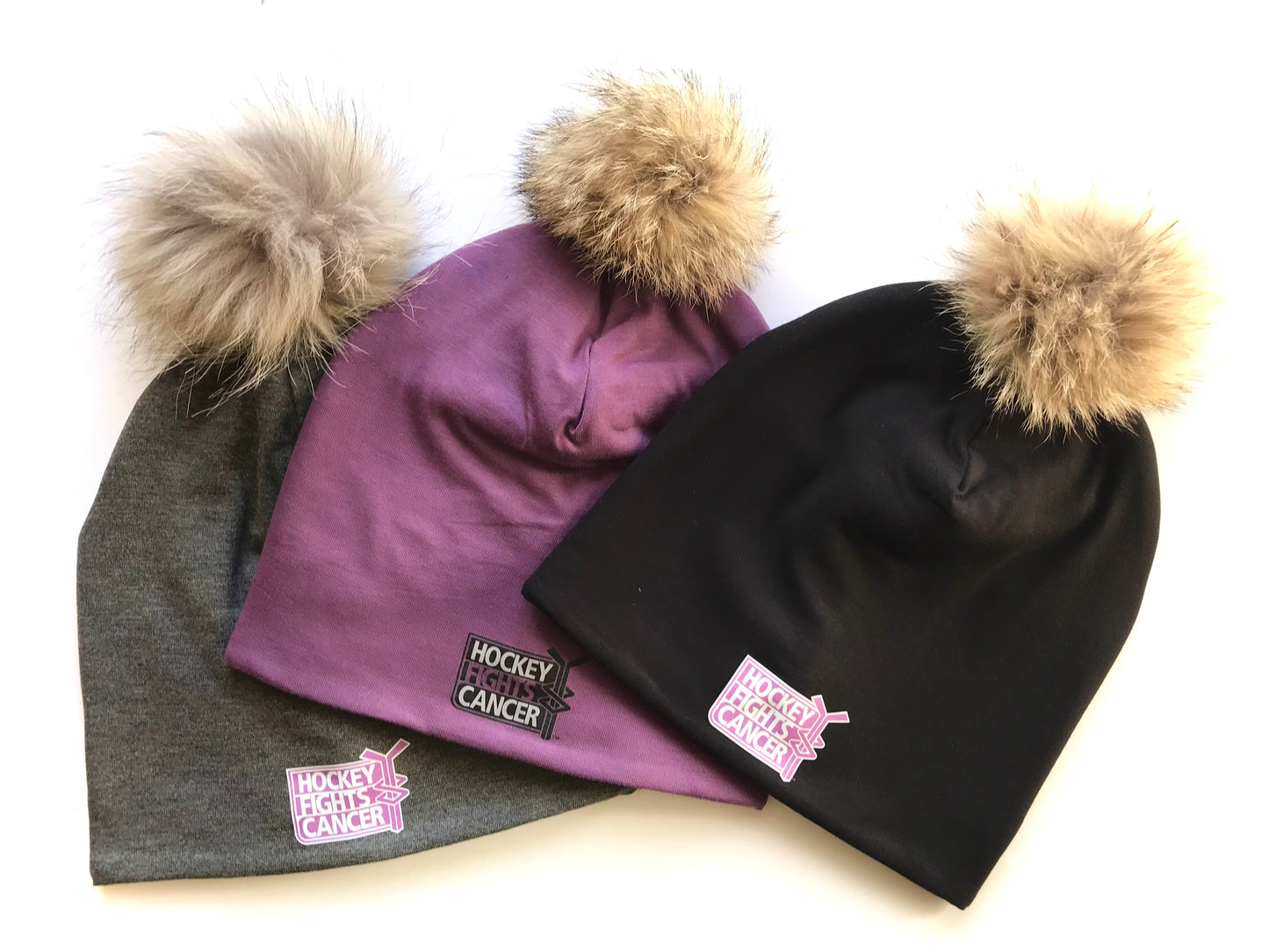 High quality Winter Bamboo Hat + recycled fur pompom - Hockey fights Cancer