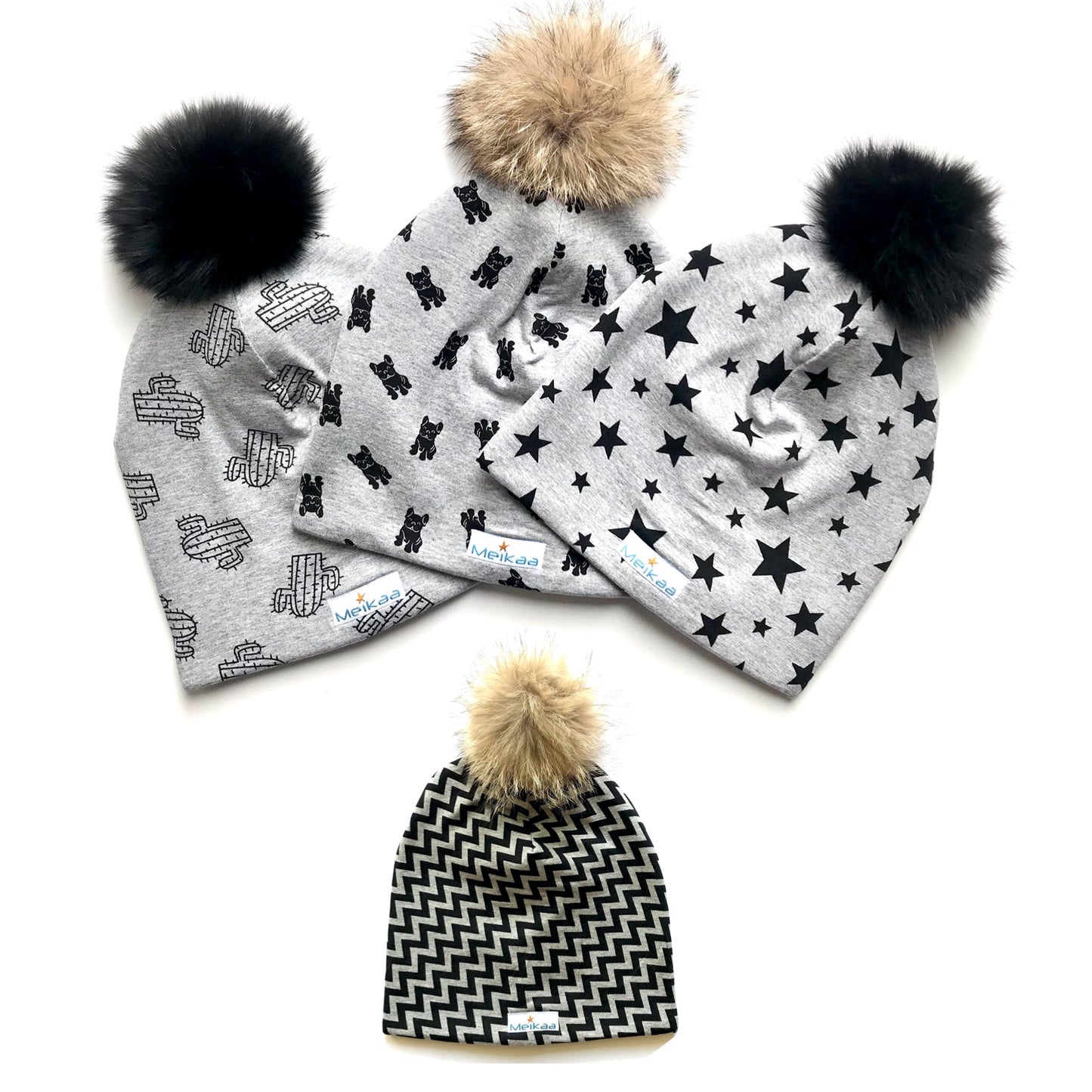 All Grey Pattern Winter Bamboo Hat + recycled fur pompom