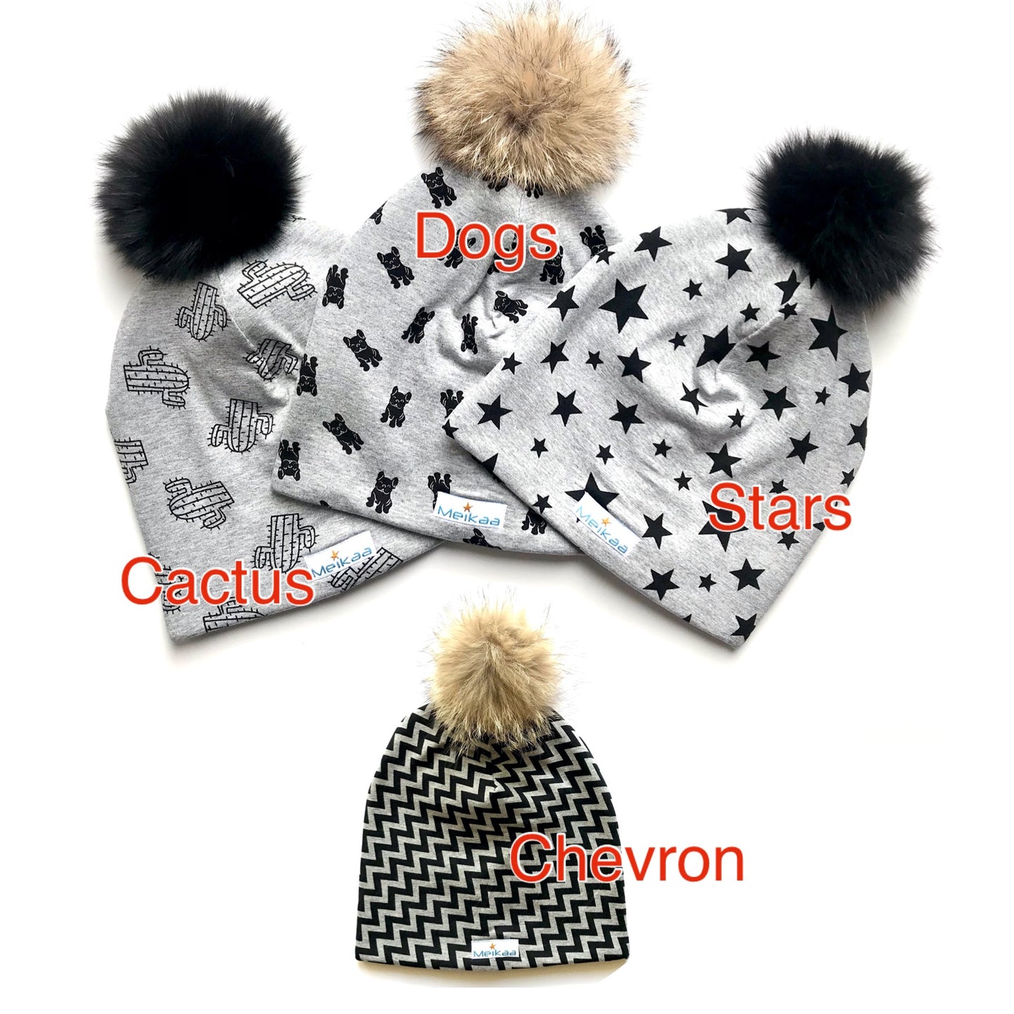 All Grey Pattern Winter Bamboo Hat + recycled fur pompom