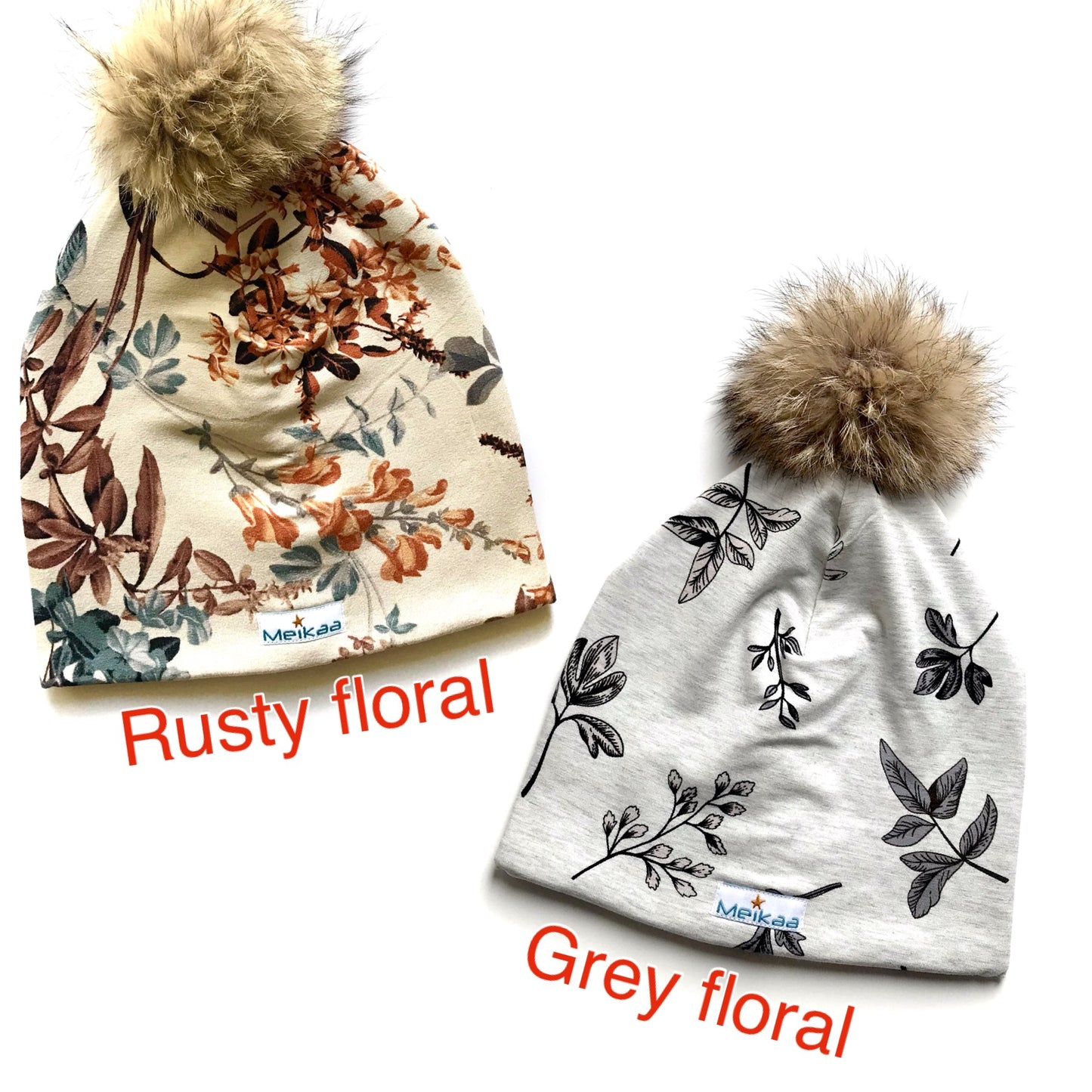 Floral Winter Bamboo Hat + recycled fur pompom