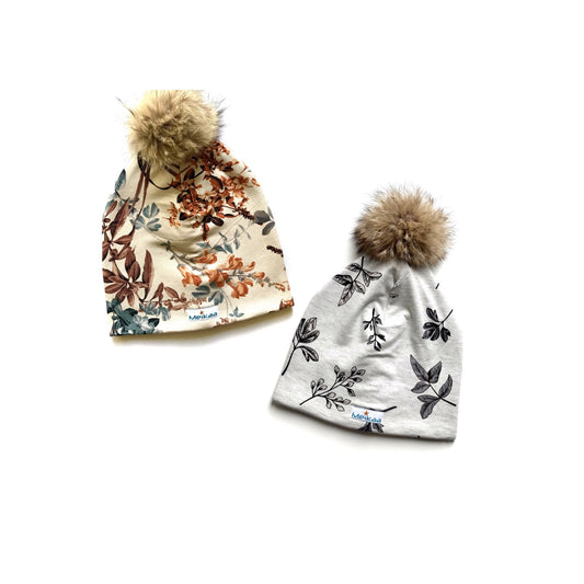 Floral Winter Bamboo Hat + recycled fur pompom