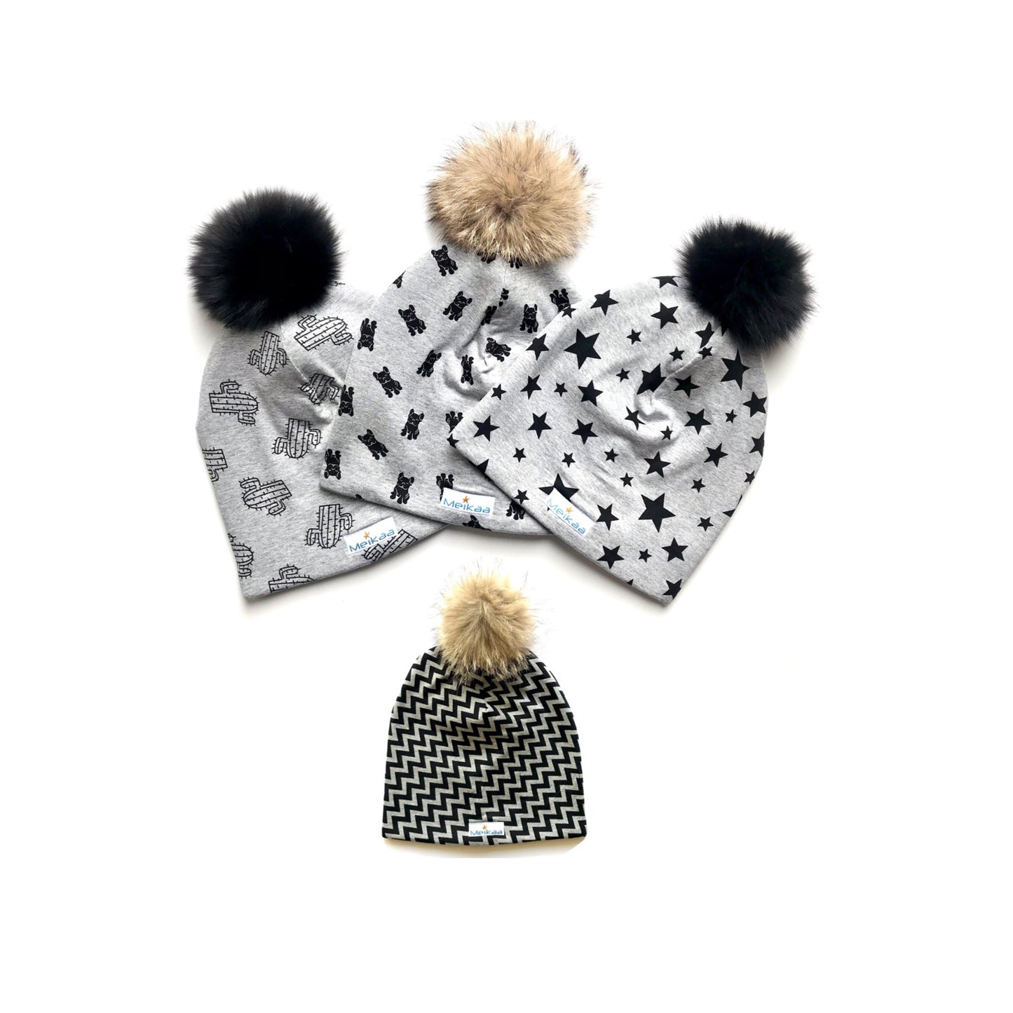 All Grey Pattern Winter Bamboo Hat + recycled fur pompom