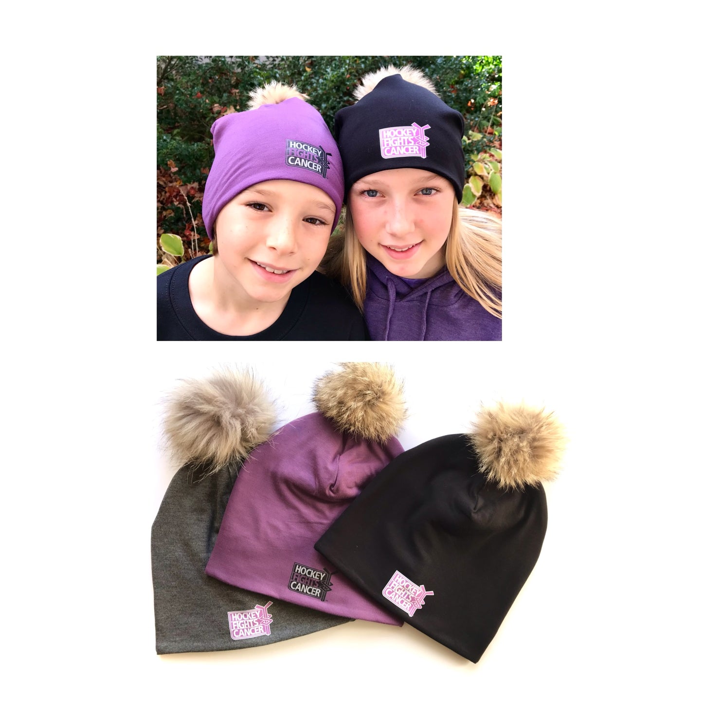 High quality Winter Bamboo Hat + recycled fur pompom - Hockey fights Cancer