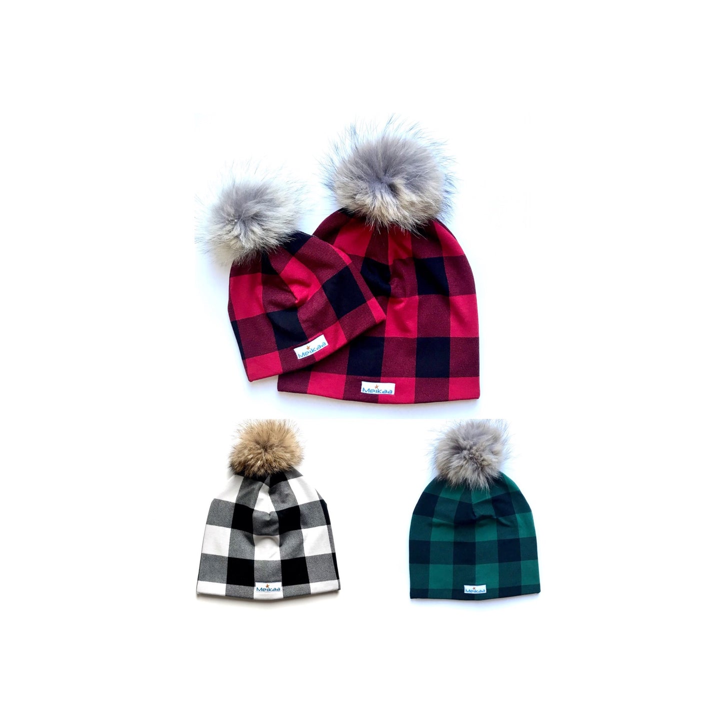 Plaid Winter Bamboo Hat + recycled fur pompom