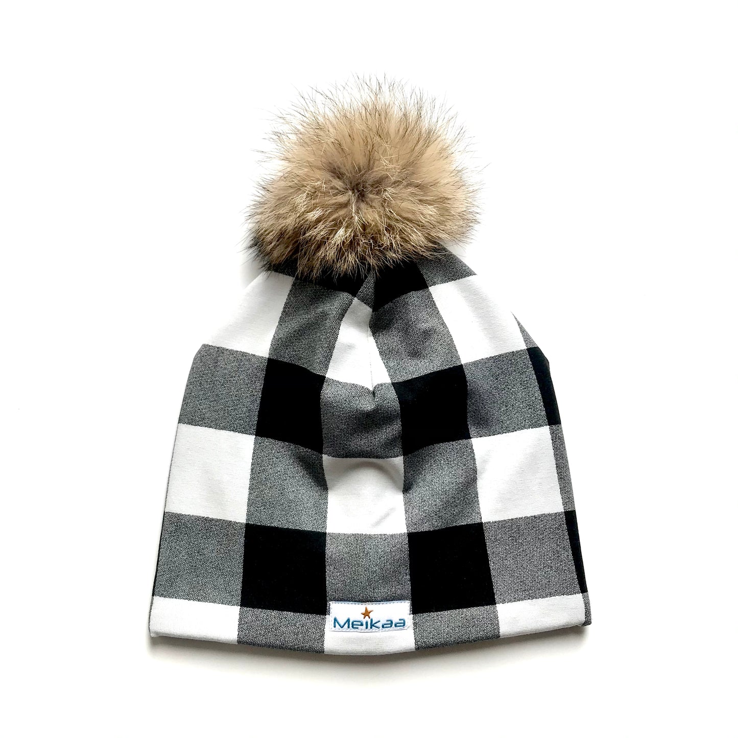Plaid Winter Bamboo Hat + recycled fur pompom