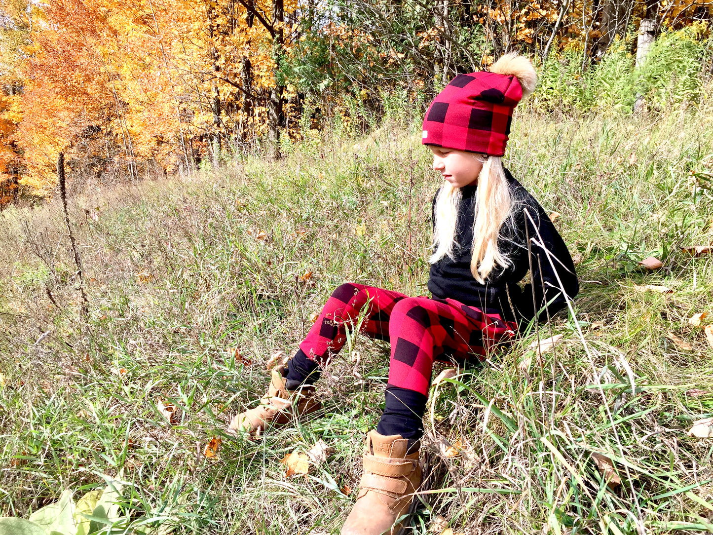 Plaid Winter Bamboo Hat + recycled fur pompom