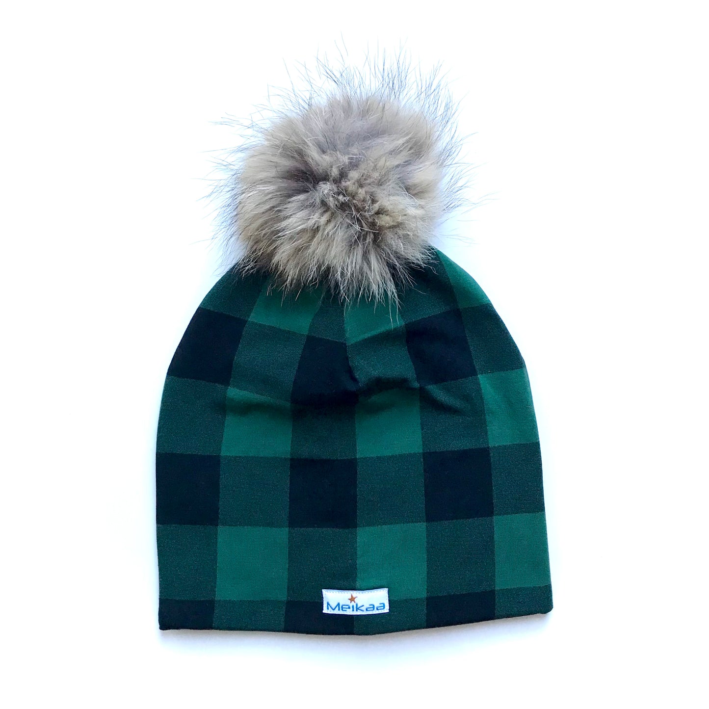 Plaid Winter Bamboo Hat + recycled fur pompom