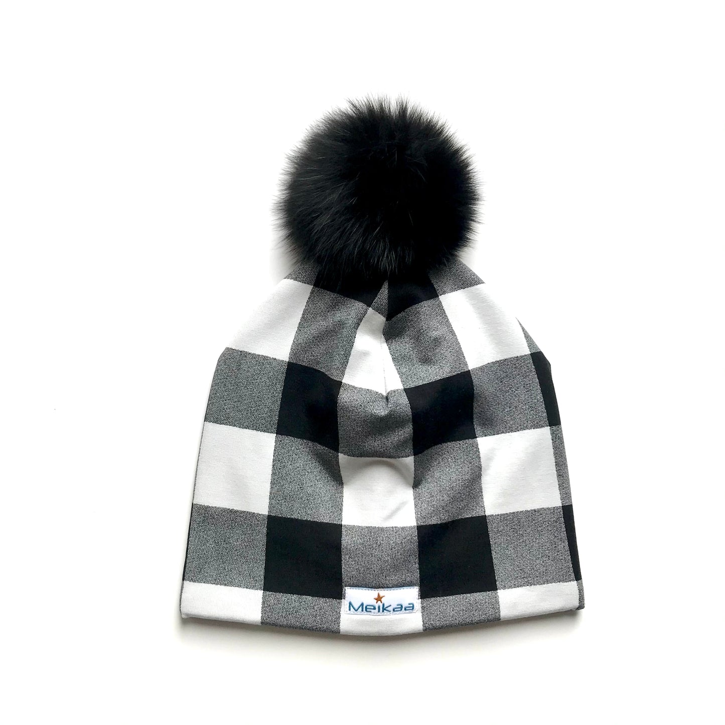 Plaid Winter Bamboo Hat + recycled fur pompom