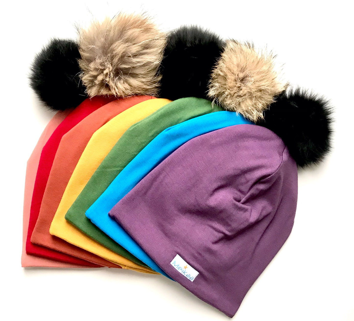 Colorful Winter Bamboo Hat + recycled fur pompom