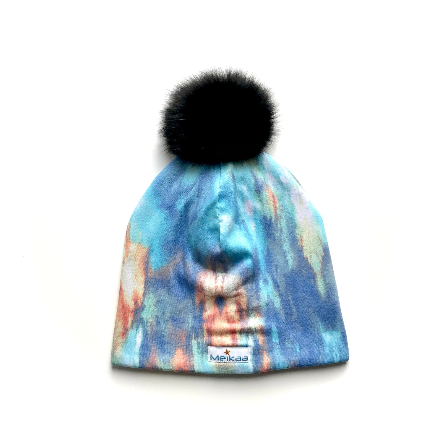 Tie Dye Winter Bamboo Hat + recycled fur pompom