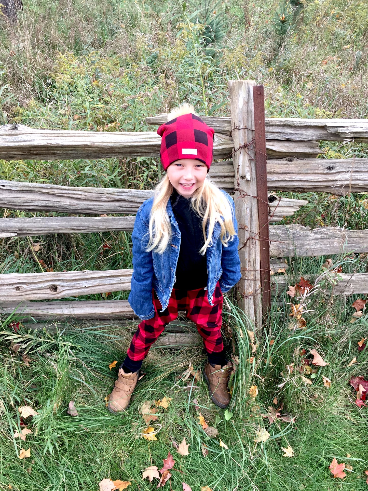 Plaid Winter Bamboo Hat + recycled fur pompom