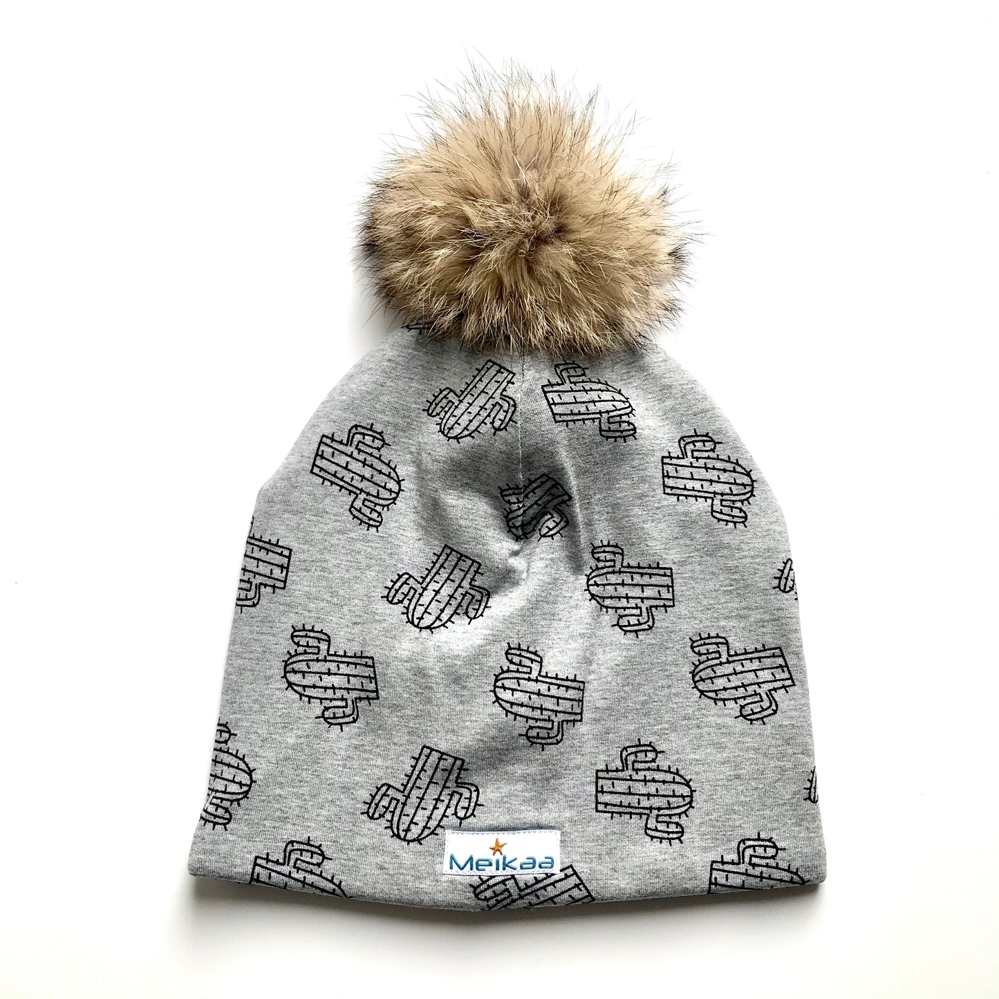 All Grey Pattern Winter Bamboo Hat + recycled fur pompom