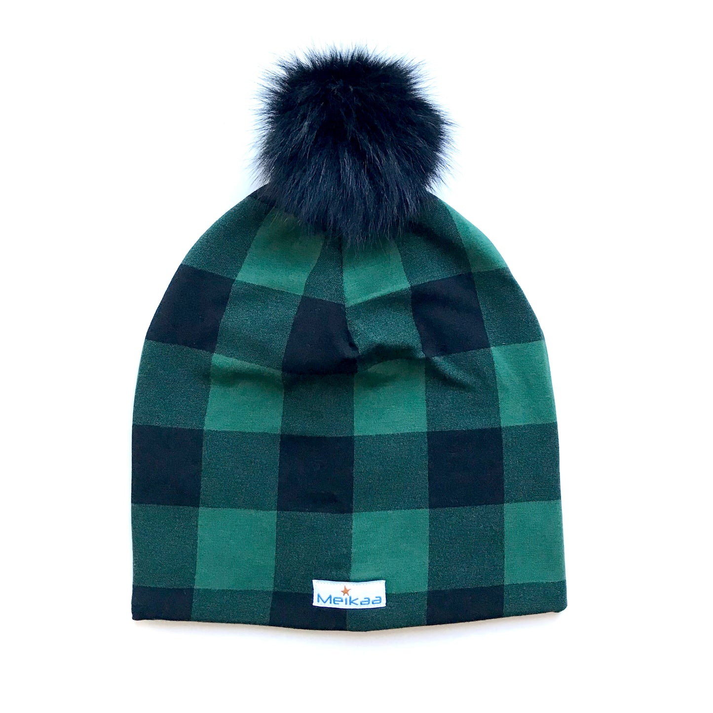 Plaid Winter Bamboo Hat + recycled fur pompom