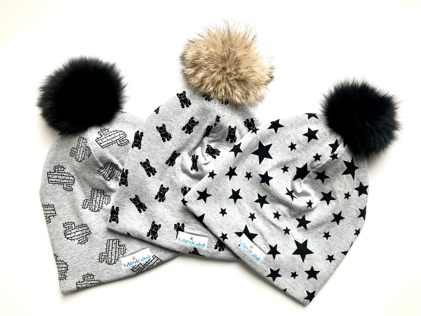 All Grey Pattern Winter Bamboo Hat + recycled fur pompom