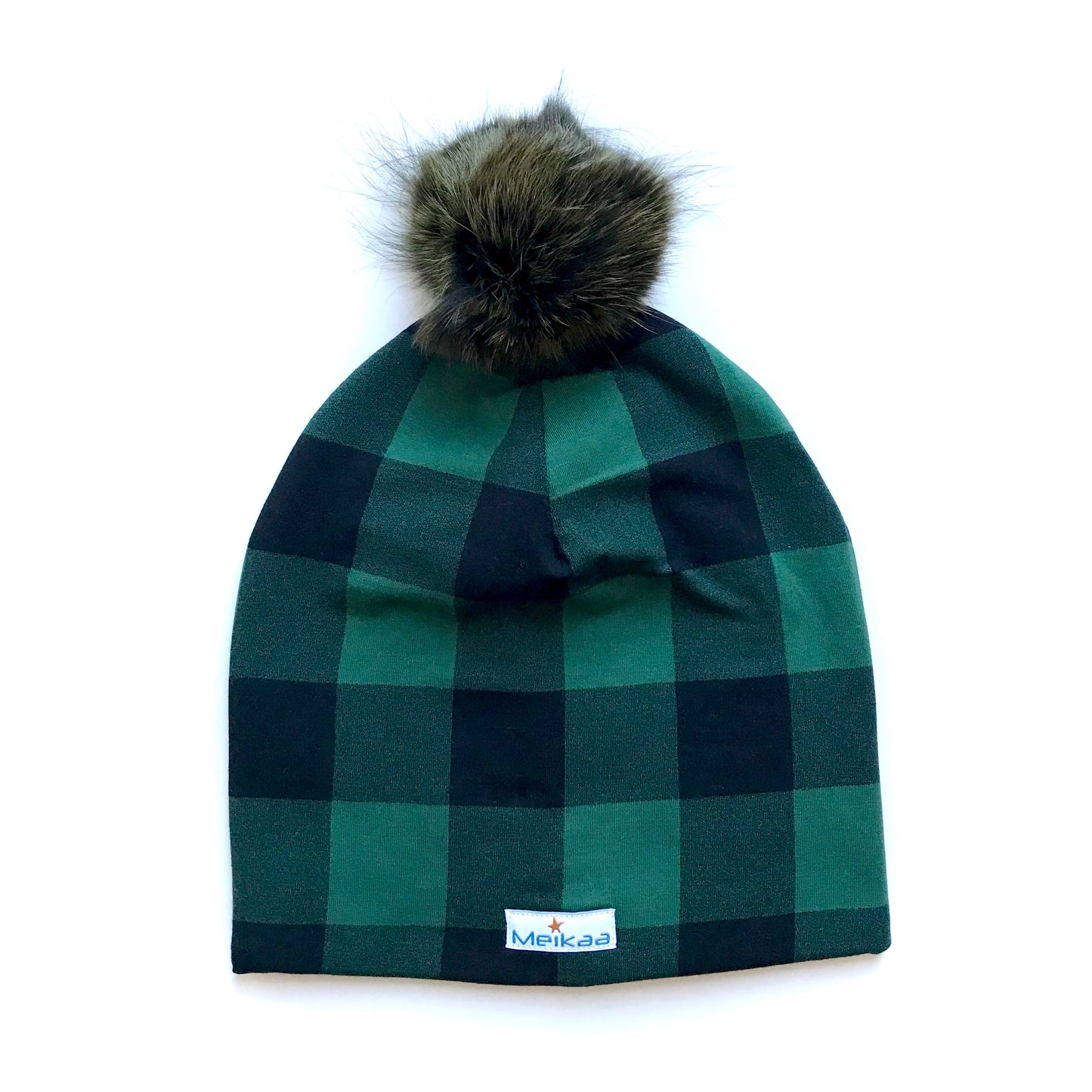 Plaid Winter Bamboo Hat + recycled fur pompom