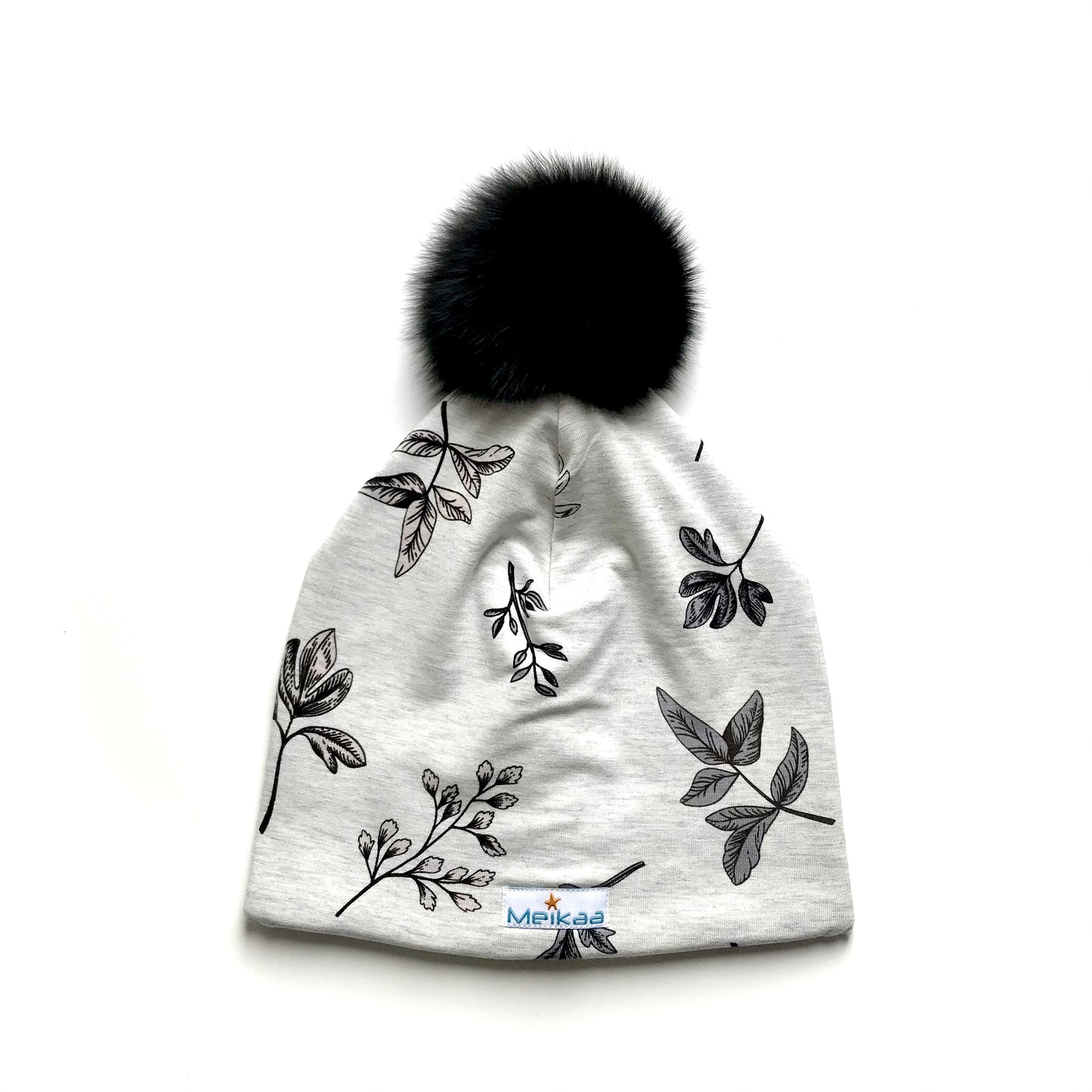 Floral Winter Bamboo Hat + recycled fur pompom