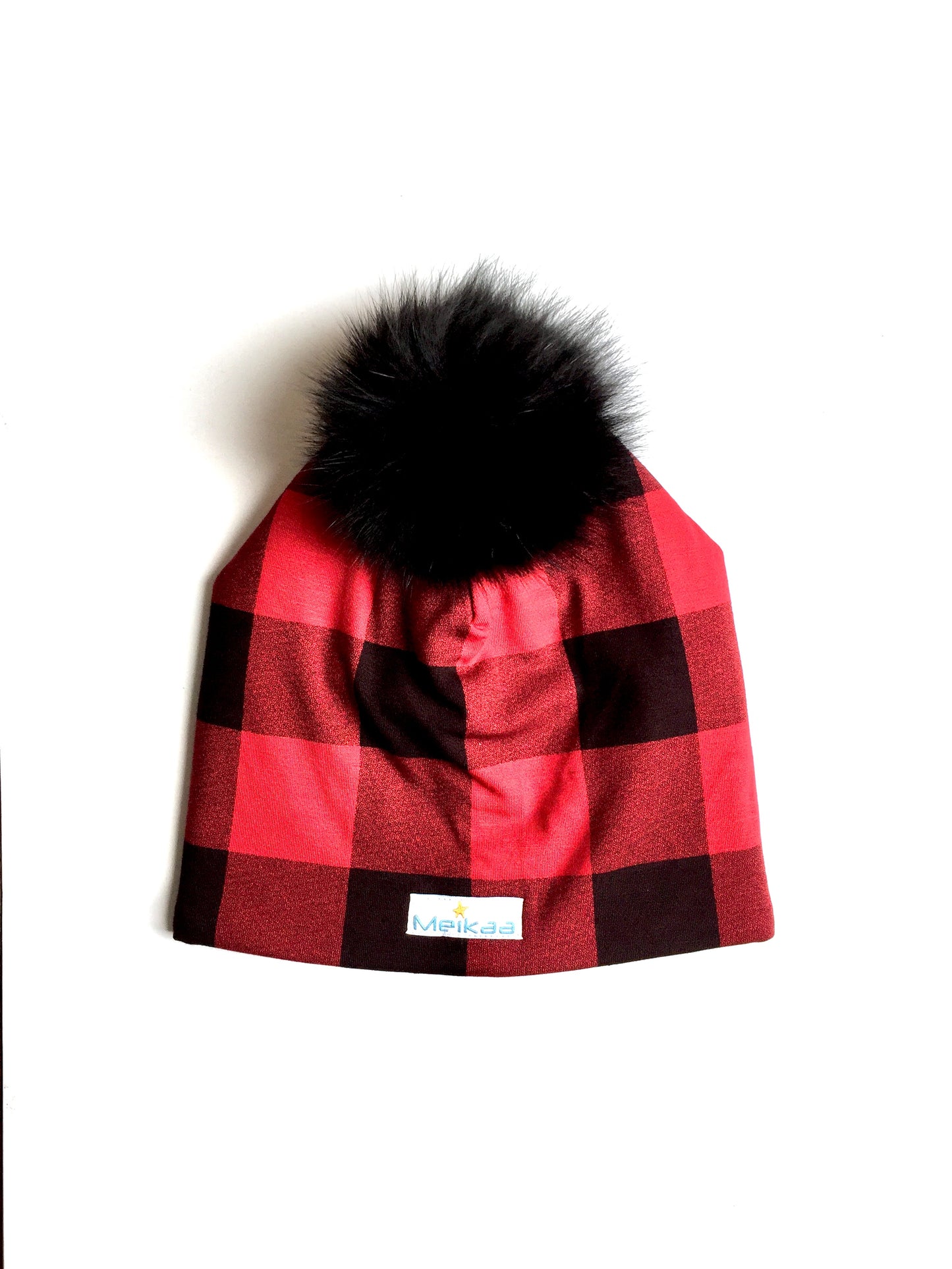 Plaid Winter Bamboo Hat + recycled fur pompom