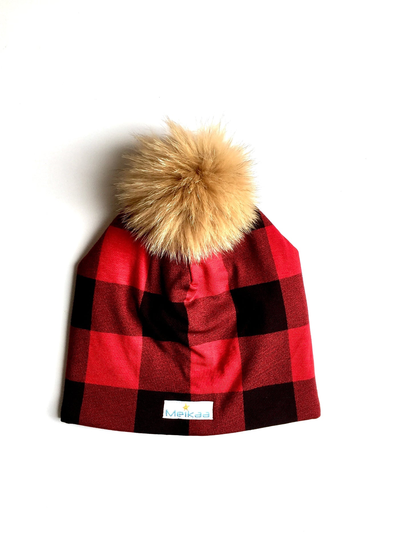 Plaid Winter Bamboo Hat + recycled fur pompom