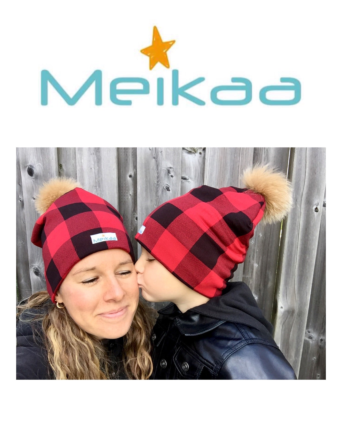Plaid Winter Bamboo Hat + recycled fur pompom