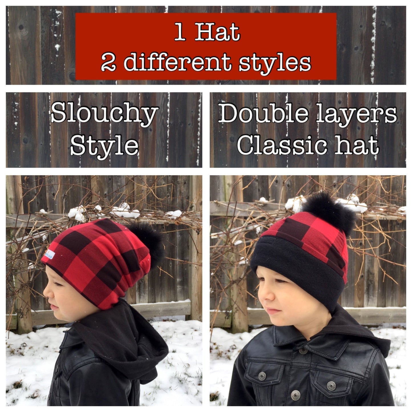 Plaid Winter Bamboo Hat + recycled fur pompom