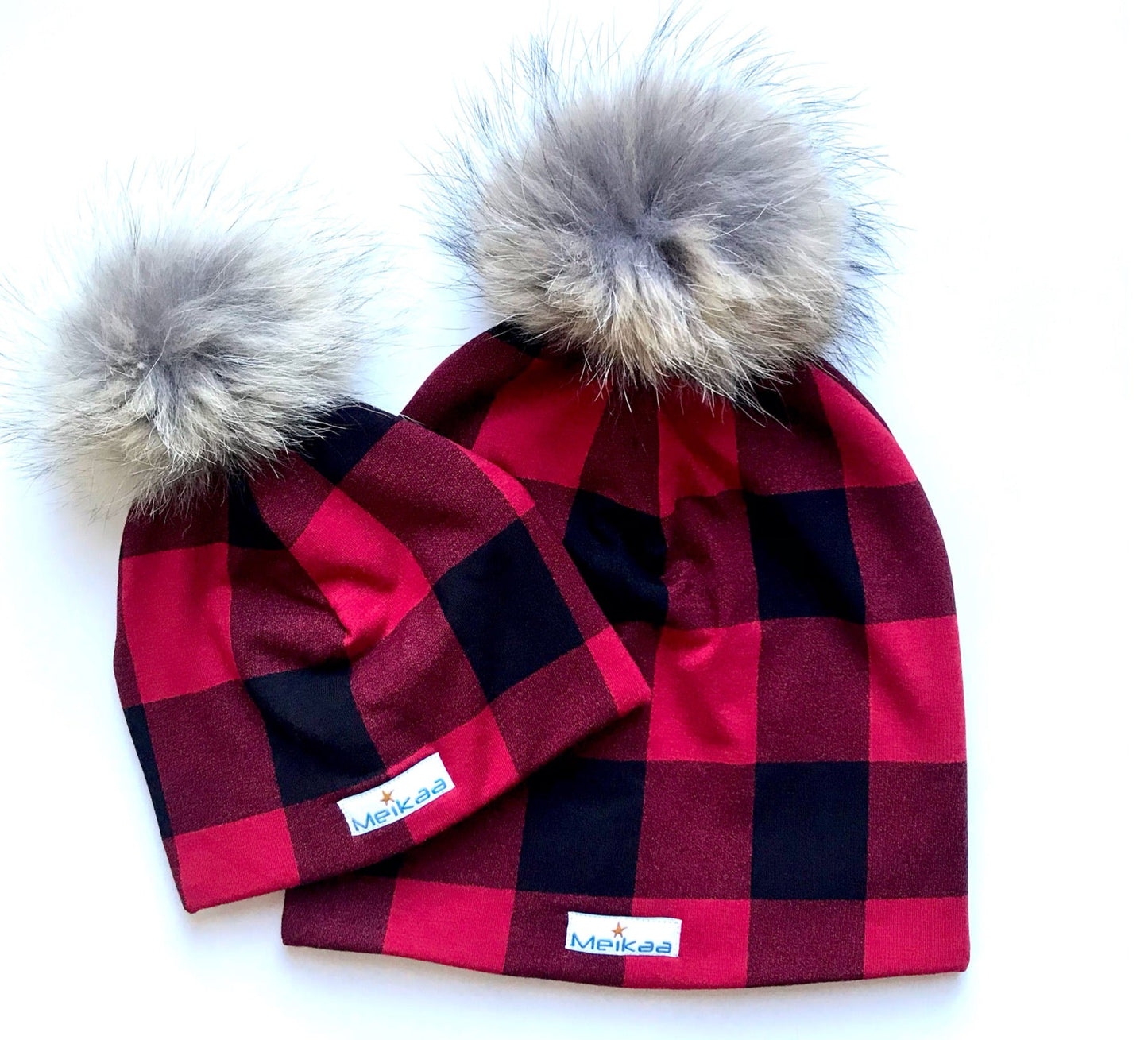 Plaid Winter Bamboo Hat + recycled fur pompom